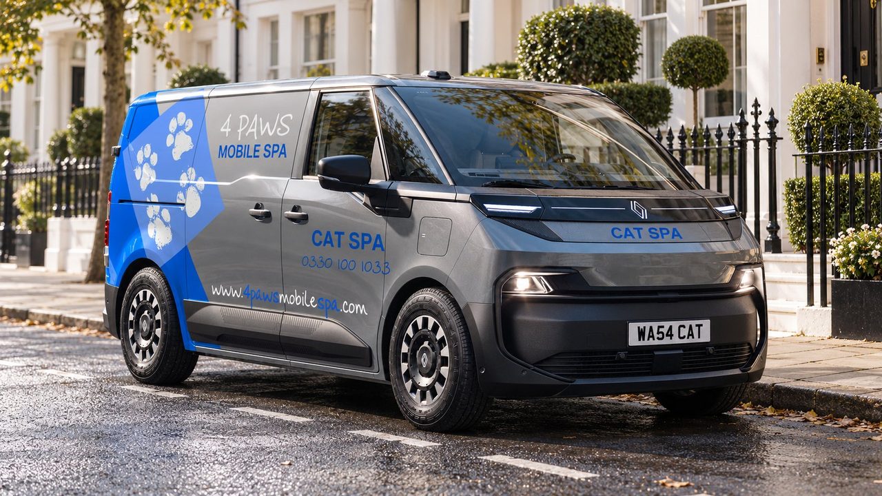A 4 Paws Mobile Cat Spa parked on a London street