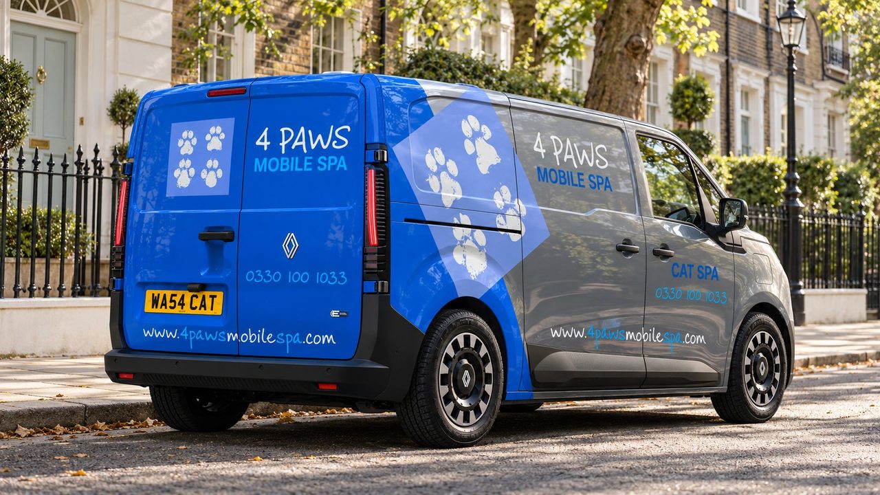 Rear view of a 4 Paws Mobile Cat Spa on a London street