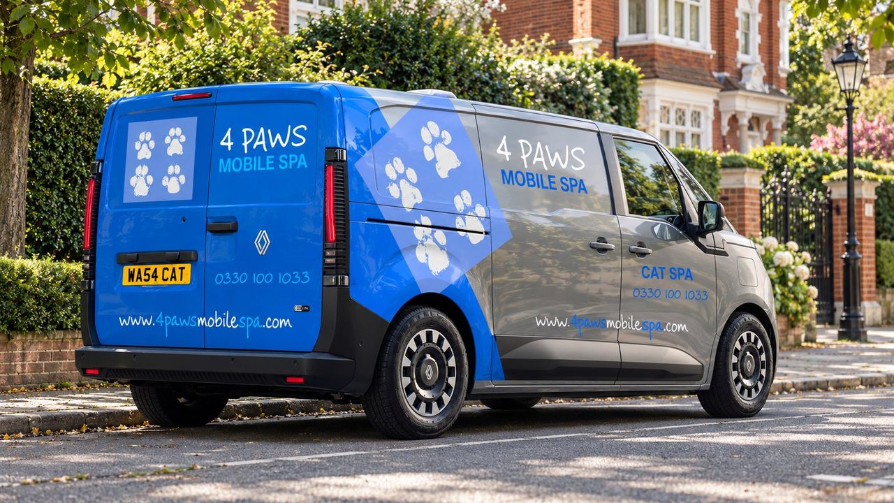 A 4 Paws Mobile Cat Spa on a London street, rear three-quarter view